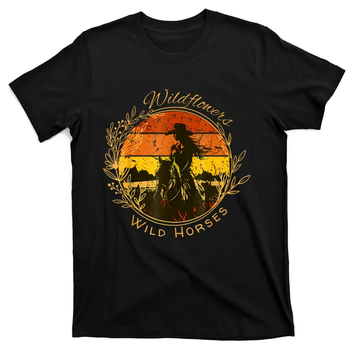 Wild Flowers Wild Horses Vintage Sunset Country Cowgirl T-Shirt