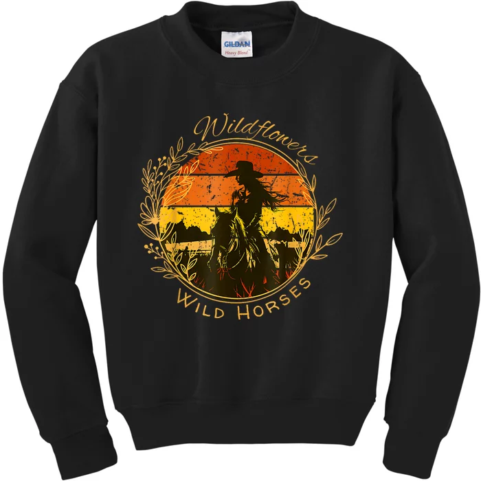 Wild Flowers Wild Horses Vintage Sunset Country Cowgirl Kids Sweatshirt