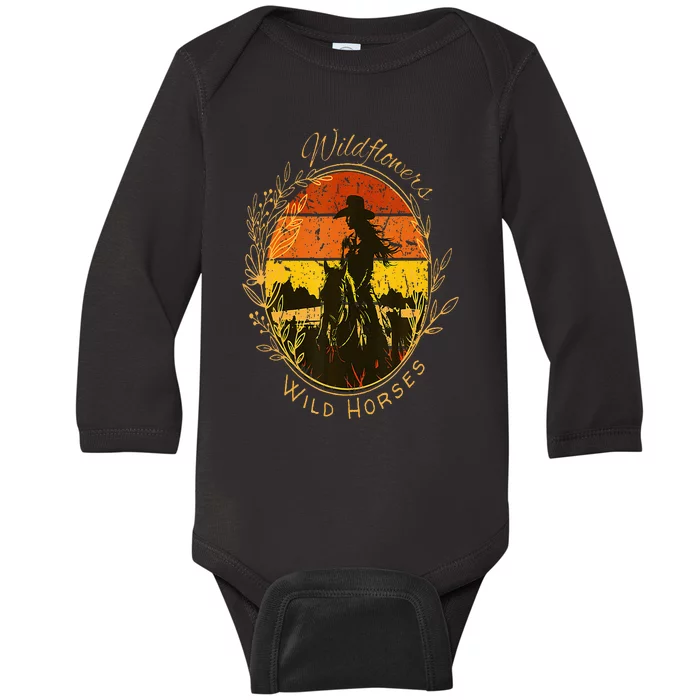 Wild Flowers Wild Horses Vintage Sunset Country Cowgirl Baby Long Sleeve Bodysuit