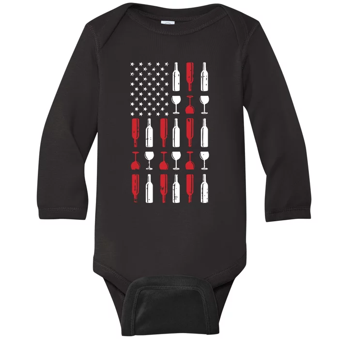 Wine Glass 4th Of July Vintage USA Flag Patriotic Drinker Baby Long Sleeve Bodysuit