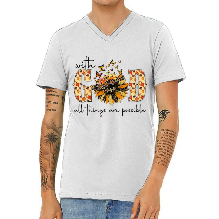 With God All Things Are Possible Christian Fall Thanksgiving V-Neck T-Shirt