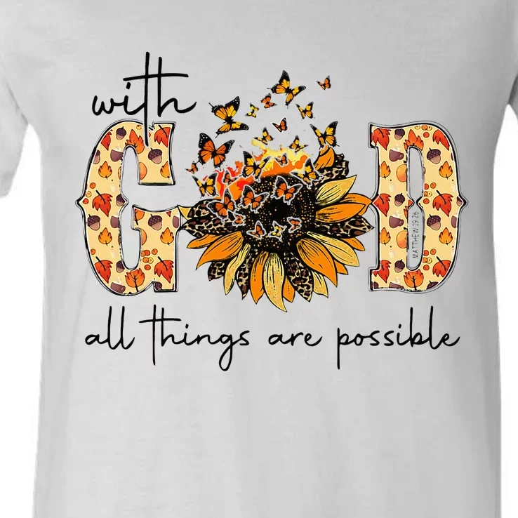 With God All Things Are Possible Christian Fall Thanksgiving V-Neck T-Shirt