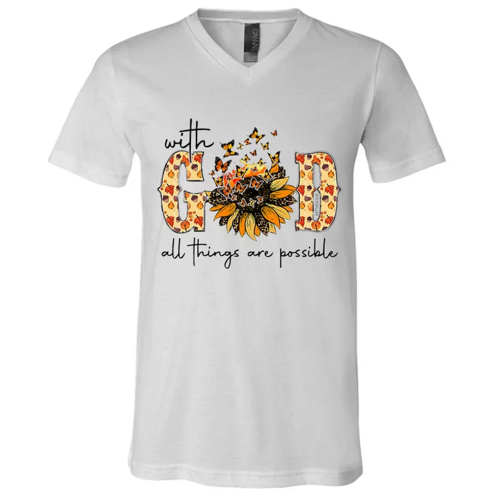 With God All Things Are Possible Christian Fall Thanksgiving V-Neck T-Shirt