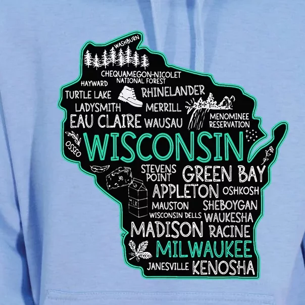 Wisconsin Green Bay Osseo Kenosha Racine Milwaukee Map Unisex Surf Hoodie