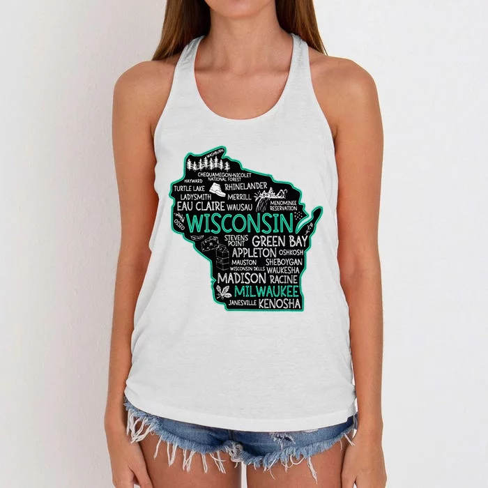 Wisconsin Green Bay Osseo Kenosha Racine Milwaukee Map Women's Knotted Racerback Tank