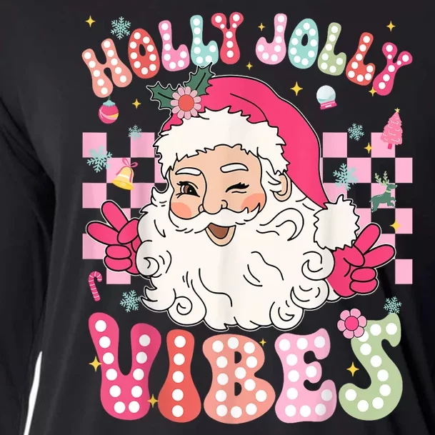 Women Groovy Cute Christmas Santa Claus Holly Jolly Vibes Xmas Gift Cooling Performance Long Sleeve Crew