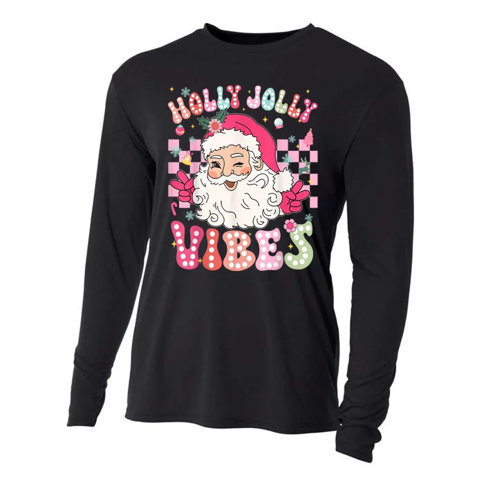 Women Groovy Cute Christmas Santa Claus Holly Jolly Vibes Xmas Gift Cooling Performance Long Sleeve Crew