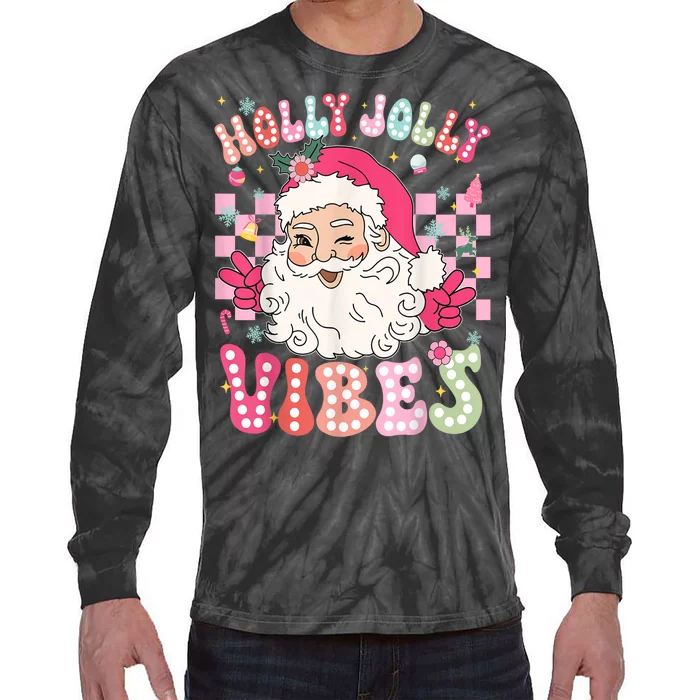 Women Groovy Cute Christmas Santa Claus Holly Jolly Vibes Xmas Gift Tie-Dye Long Sleeve Shirt