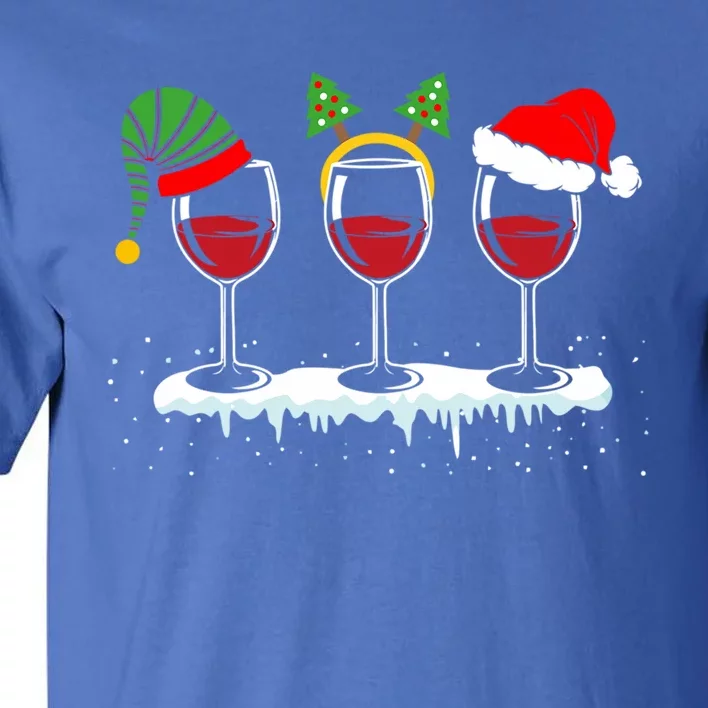 Wine Glass Christmas Spirit Three Wine With Santa Hat Great Gift Tall T-Shirt