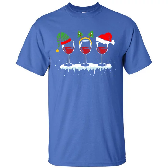 Wine Glass Christmas Spirit Three Wine With Santa Hat Great Gift Tall T-Shirt