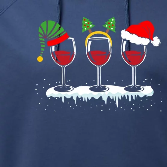 Wine Glass Christmas Spirit Three Wine With Santa Hat Great Gift Performance Fleece Hoodie