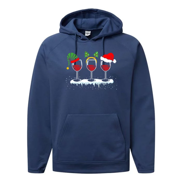 Wine Glass Christmas Spirit Three Wine With Santa Hat Great Gift Performance Fleece Hoodie