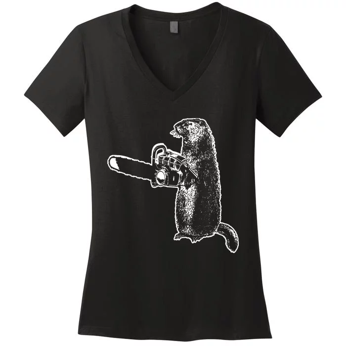 Woodchuck Groundhog Day Could Chainsaw Wood Women's V-Neck T-Shirt