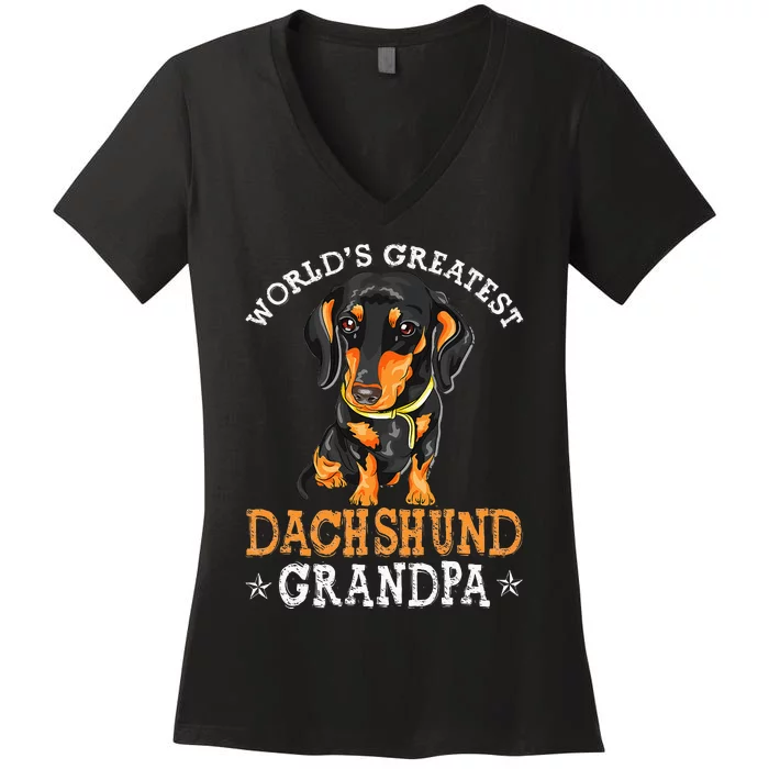 World's Greatest Dachshund Grandpa Funny Dog Wiener Lover Women's V-Neck T-Shirt