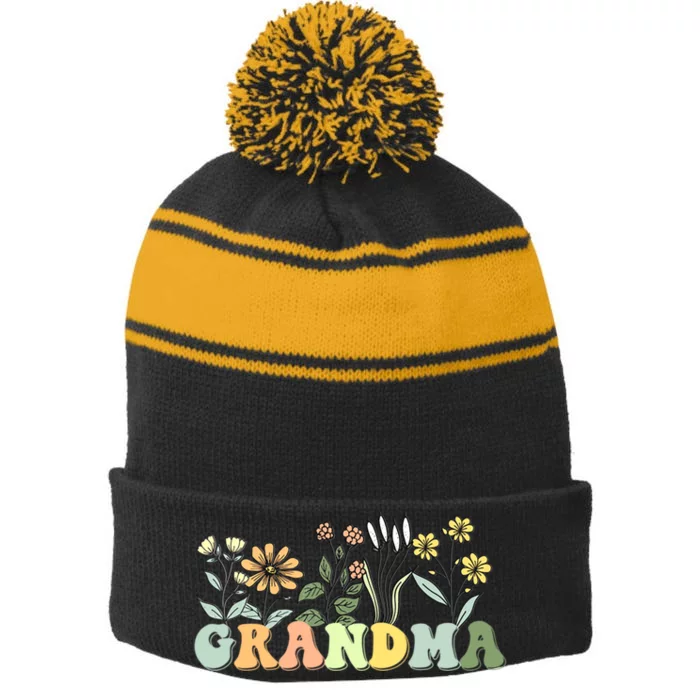 Wildflowers Grandma Floral MotherS Day Grandma Stripe Pom Pom Beanie