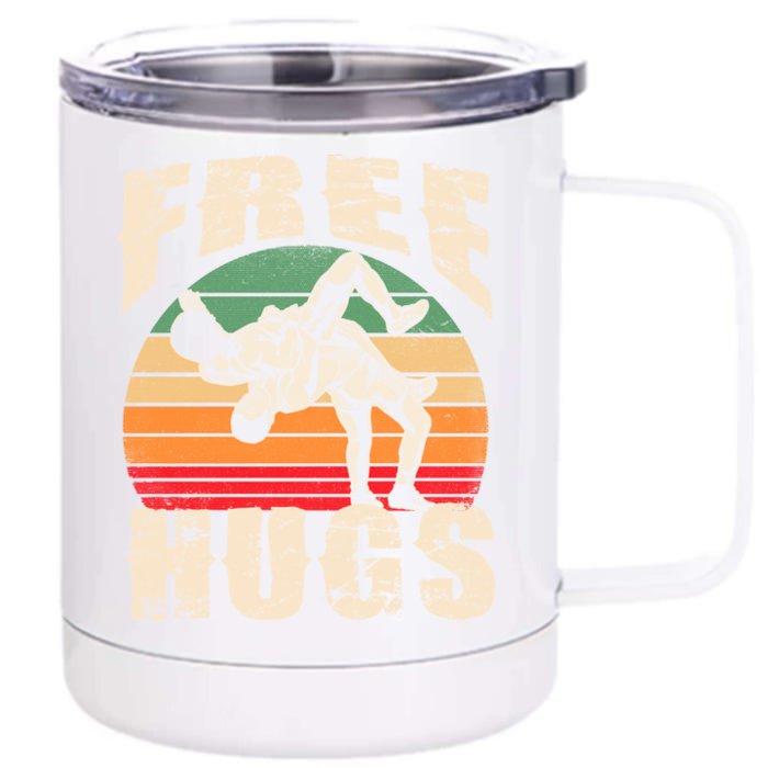 Wrestling Gift Funny Free Hugs Wrestling Gift Front & Back 12oz Stainless Steel Tumbler Cup