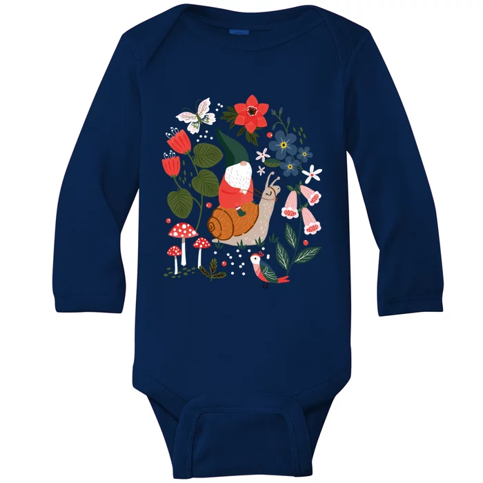 Whimsical Garden Gnome Riding Snail Baby Long Sleeve Bodysuit