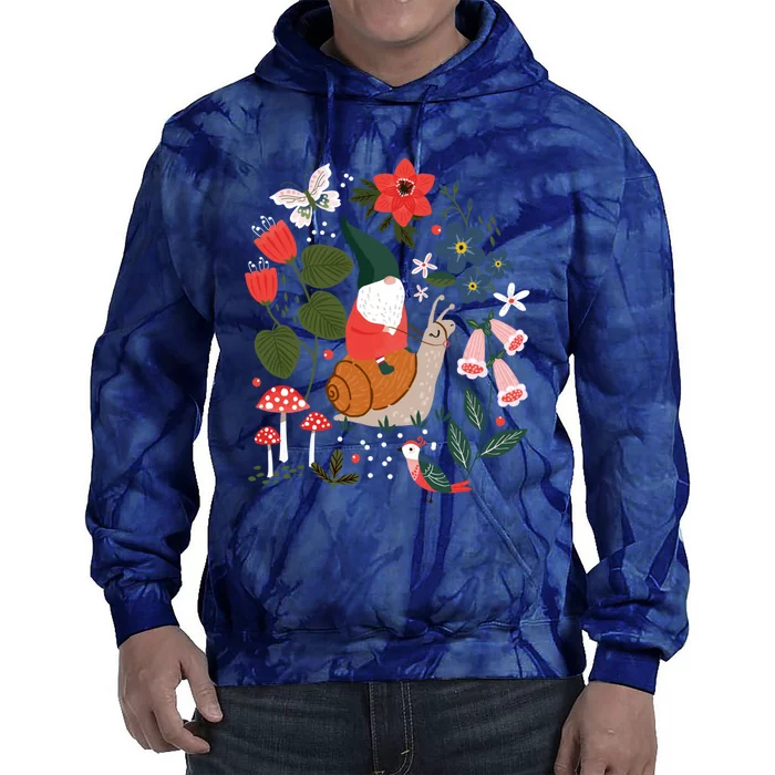 Whimsical Garden Gnome Riding Snail Tie Dye Hoodie