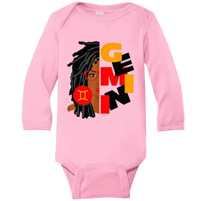 Womens Gemini Girl Afro Locs Girl Zodiac Signs Birthday Baby Long Sleeve Bodysuit