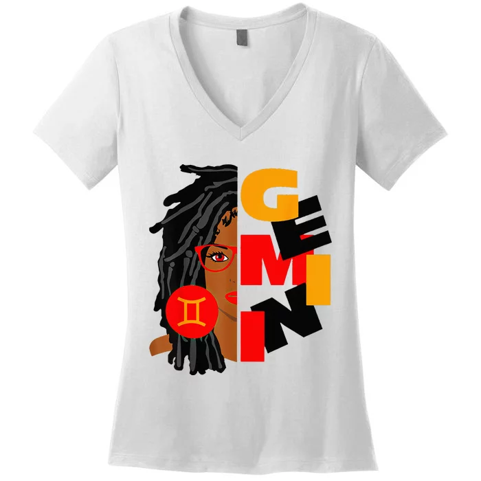 Womens Gemini Girl Afro Locs Girl Zodiac Signs Birthday Women's V-Neck T-Shirt