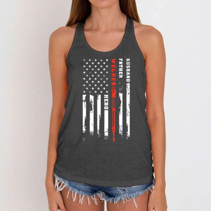 Welder Gift Husband Father Welder Hero American Flag Women's Knotted Racerback Tank