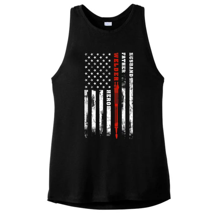 Welder Gift Husband Father Welder Hero American Flag Ladies Tri-Blend Wicking Tank