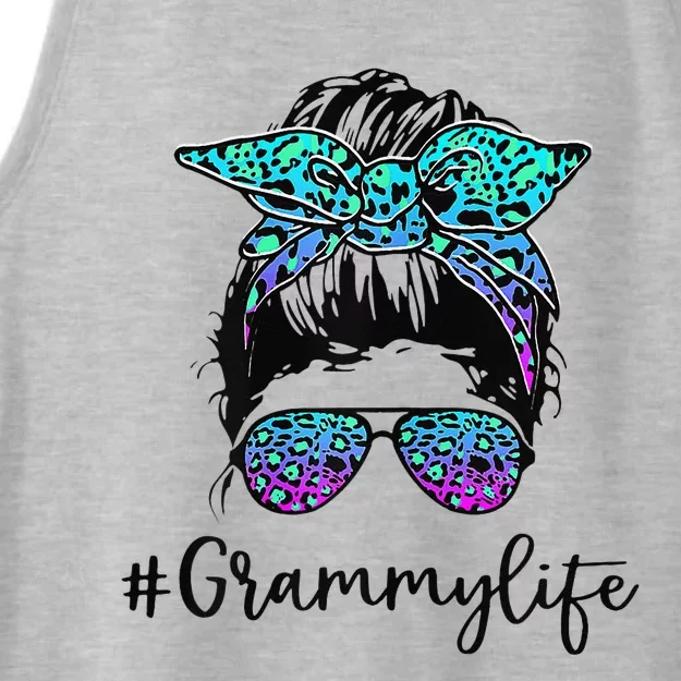 Wo Grammy Life Leopard Tie Dye Messy Bun Mother's Day Ladies Tri-Blend Wicking Tank