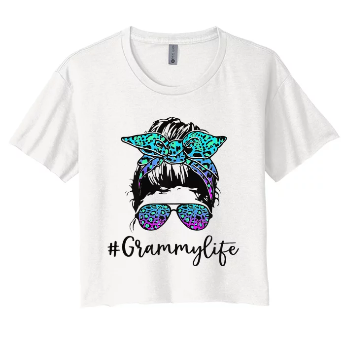 Wo Grammy Life Leopard Tie Dye Messy Bun Mother's Day Women's Crop Top Tee