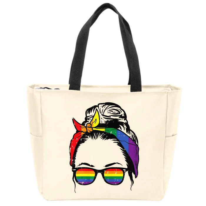 Womens Gay Mom Messy Hair Bun LGBTQ Rainbow Pride Zip Tote Bag