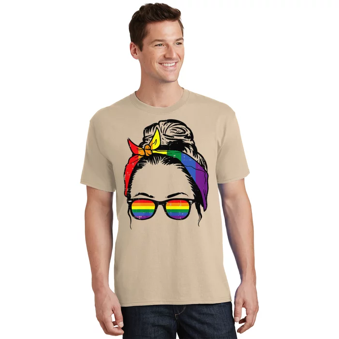 Womens Gay Mom Messy Hair Bun LGBTQ Rainbow Pride T-Shirt