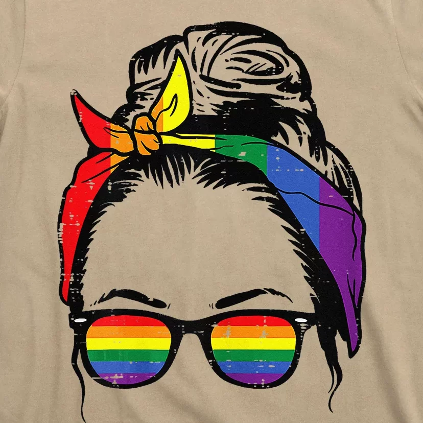 Womens Gay Mom Messy Hair Bun LGBTQ Rainbow Pride T-Shirt