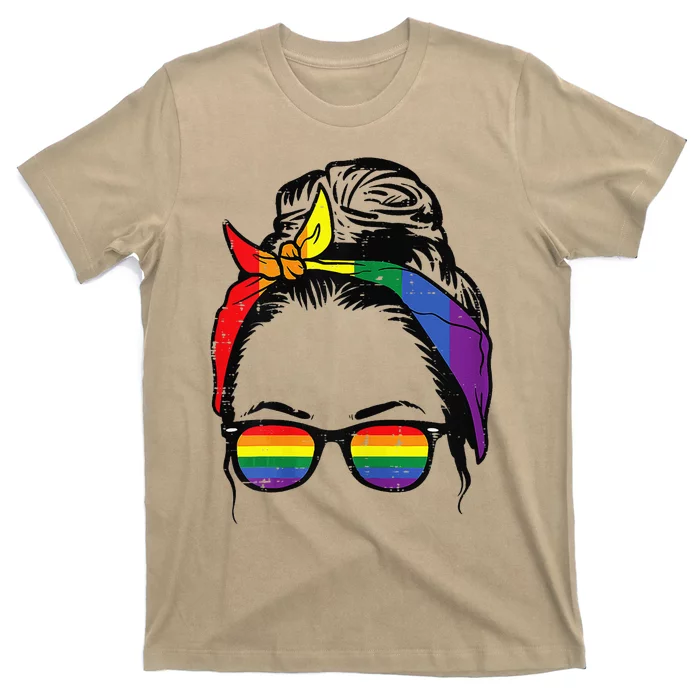 Womens Gay Mom Messy Hair Bun LGBTQ Rainbow Pride T-Shirt