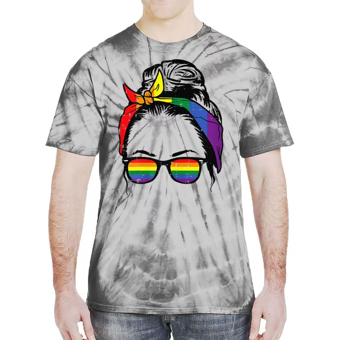 Womens Gay Mom Messy Hair Bun LGBTQ Rainbow Pride Tie-Dye T-Shirt