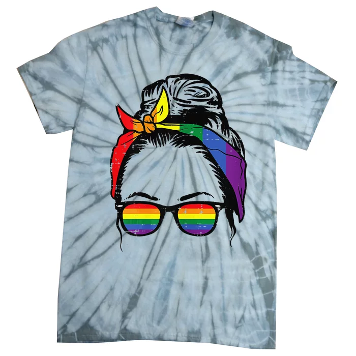 Womens Gay Mom Messy Hair Bun LGBTQ Rainbow Pride Tie-Dye T-Shirt