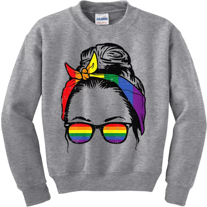 Womens Gay Mom Messy Hair Bun LGBTQ Rainbow Pride Kids Sweatshirt