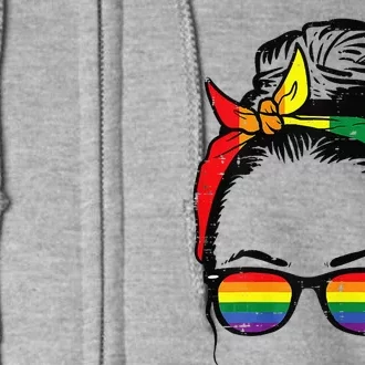 Womens Gay Mom Messy Hair Bun LGBTQ Rainbow Pride Full Zip Hoodie