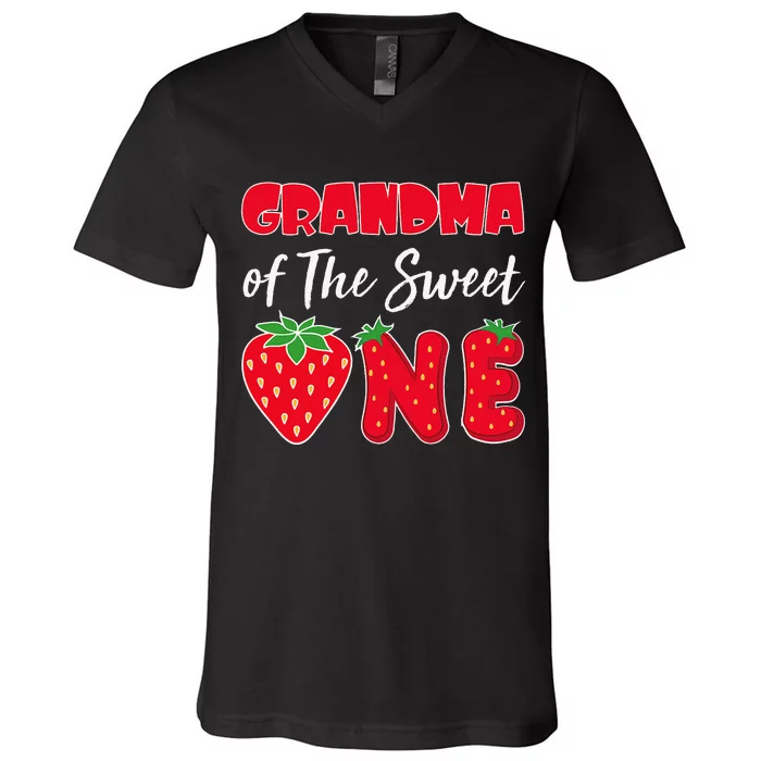 Wo Grandma Of The Sweet One Strawberry First Birthday Family V-Neck T-Shirt