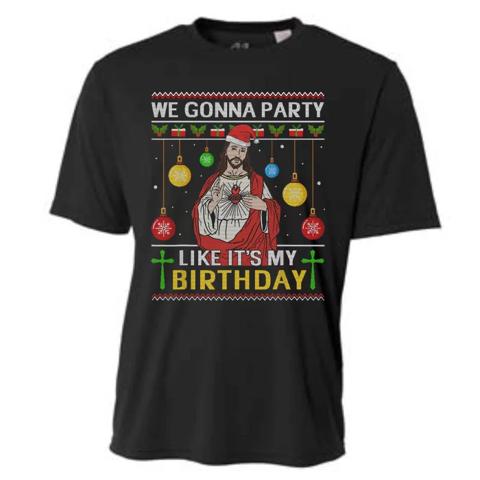 We Gonna Party Like It's My Birthday Jesus Sweater Christmas Cooling Performance Crew T-Shirt