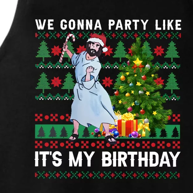 We Gonna Party Like Its My Birthday Ugly Christmas Jesus Ladies Tri-Blend Wicking Tank