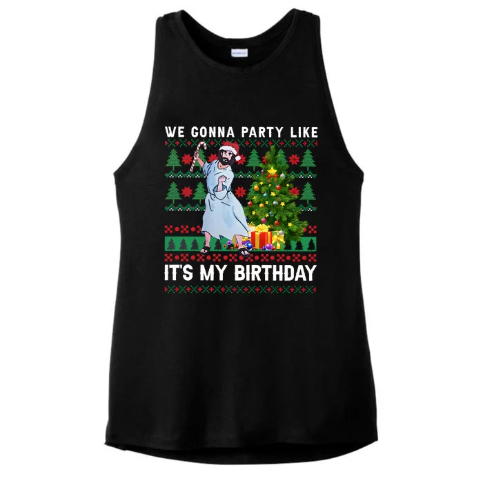 We Gonna Party Like Its My Birthday Ugly Christmas Jesus Ladies Tri-Blend Wicking Tank