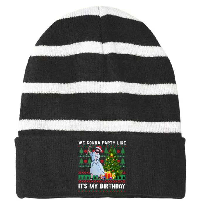 We Gonna Party Like Its My Birthday Ugly Christmas Jesus Striped Beanie with Solid Band