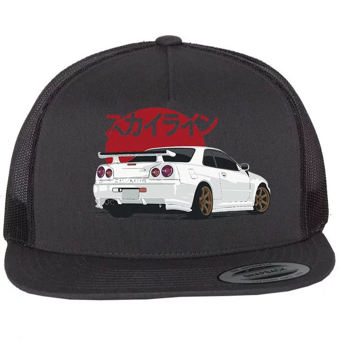 White Gt R 34 JDM Skyline Flat Bill Trucker Hat