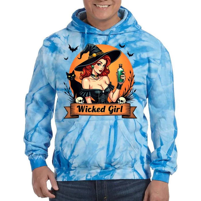 Wicked Girl Retro Pin Up Witch Halloween Tie Dye Hoodie