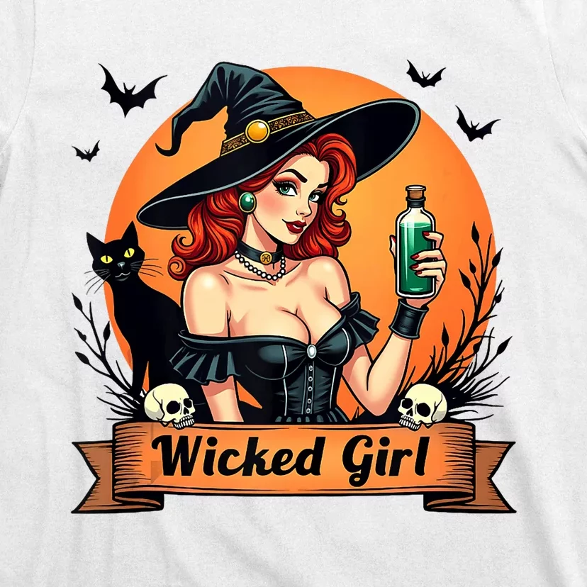 Wicked Girl Retro Pin Up Witch Halloween T-Shirt