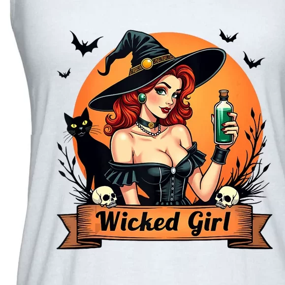 Wicked Girl Retro Pin Up Witch Halloween Ladies Essential Flowy Tank