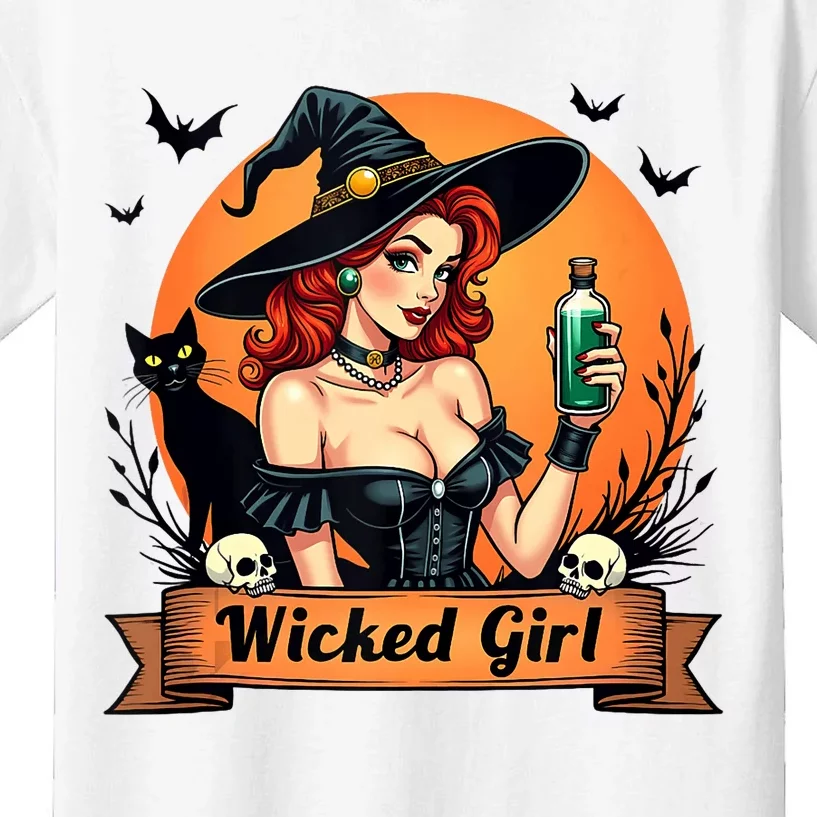 Wicked Girl Retro Pin Up Witch Halloween Kids T-Shirt