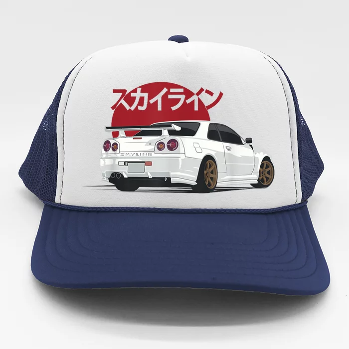 White Gt R 34 Jdm Skyline Trucker Hat