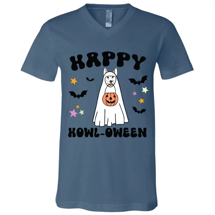 White German Shepherd Boo Ghost Dog Happy Halloween Costume V-Neck T-Shirt