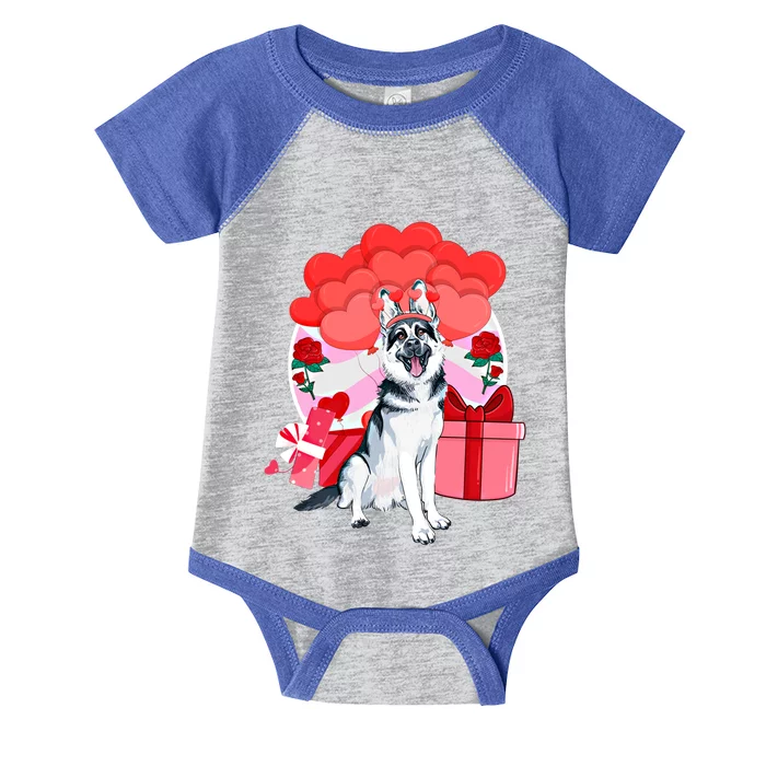 White Ger Shepherd Valentines Day Hearts Balloons Flowers Great Gift Infant Baby Jersey Bodysuit