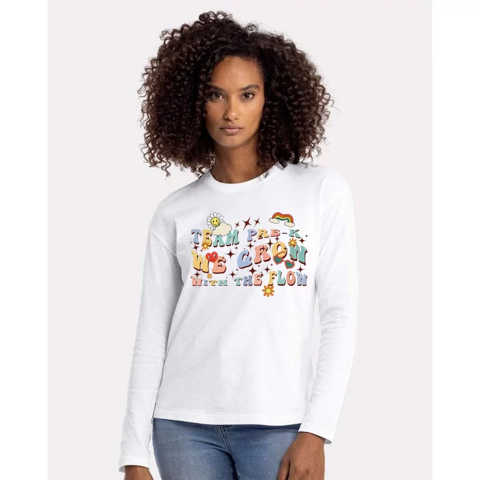 Wavy Groovy Text Team Prek Grow With The Flow Womens Cotton Relaxed Long Sleeve T-Shirt